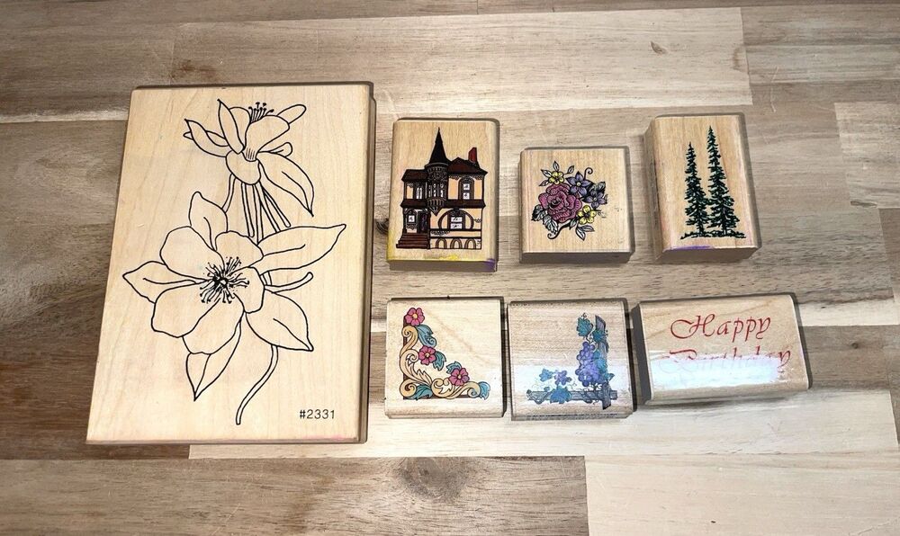 VTG 90s Comotion Rubber Stamps Lot of 7 Floral Border Victorian House Happy Bday